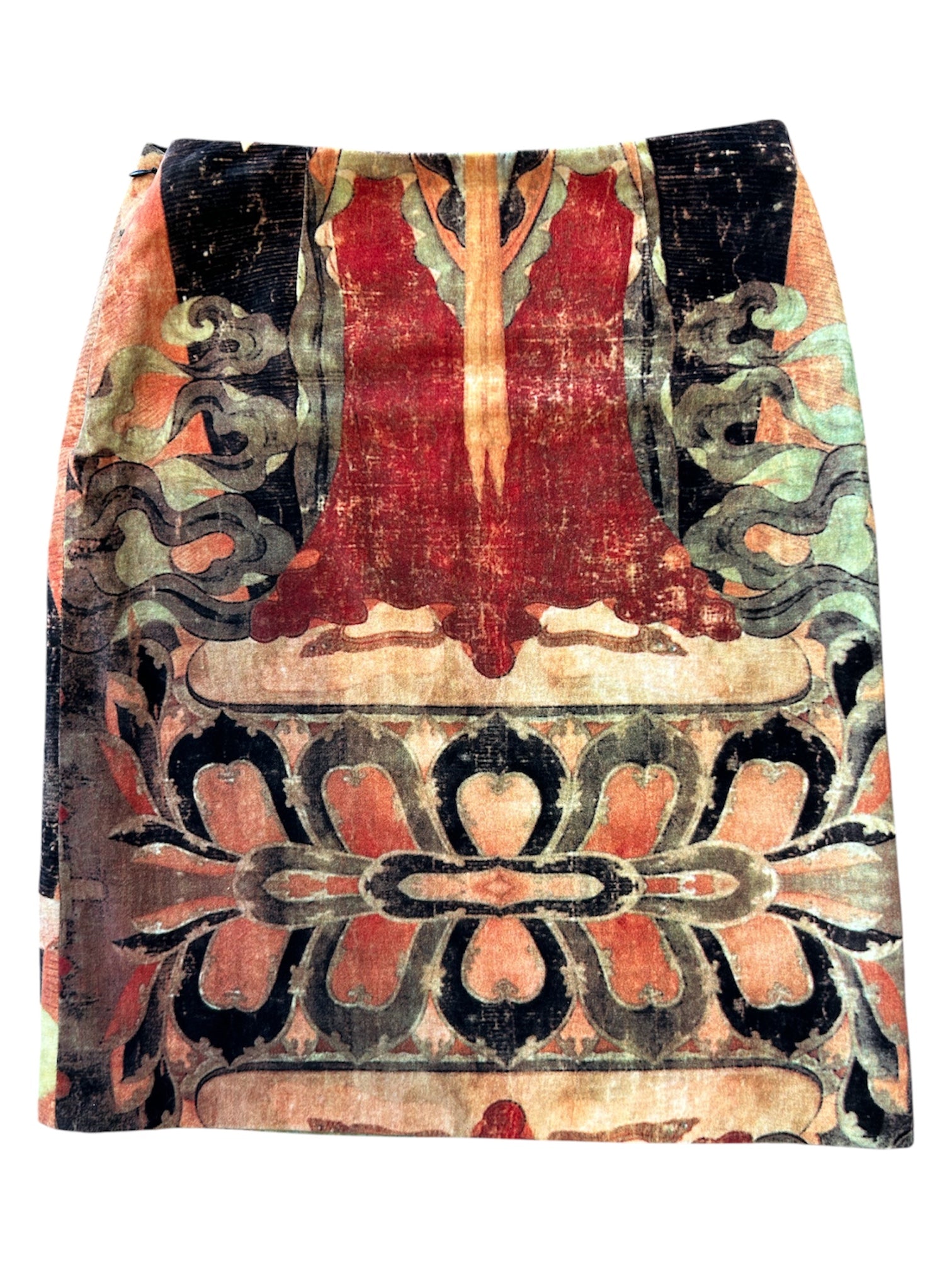 1997 BUDDHA PRINT VELVET MIDI SKIRT @SM