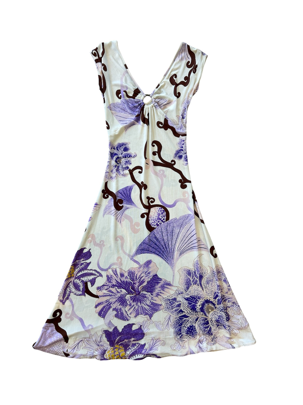 2004 WHITE AND PURPLE HIBISCUS PRINTED MIDI DRESS