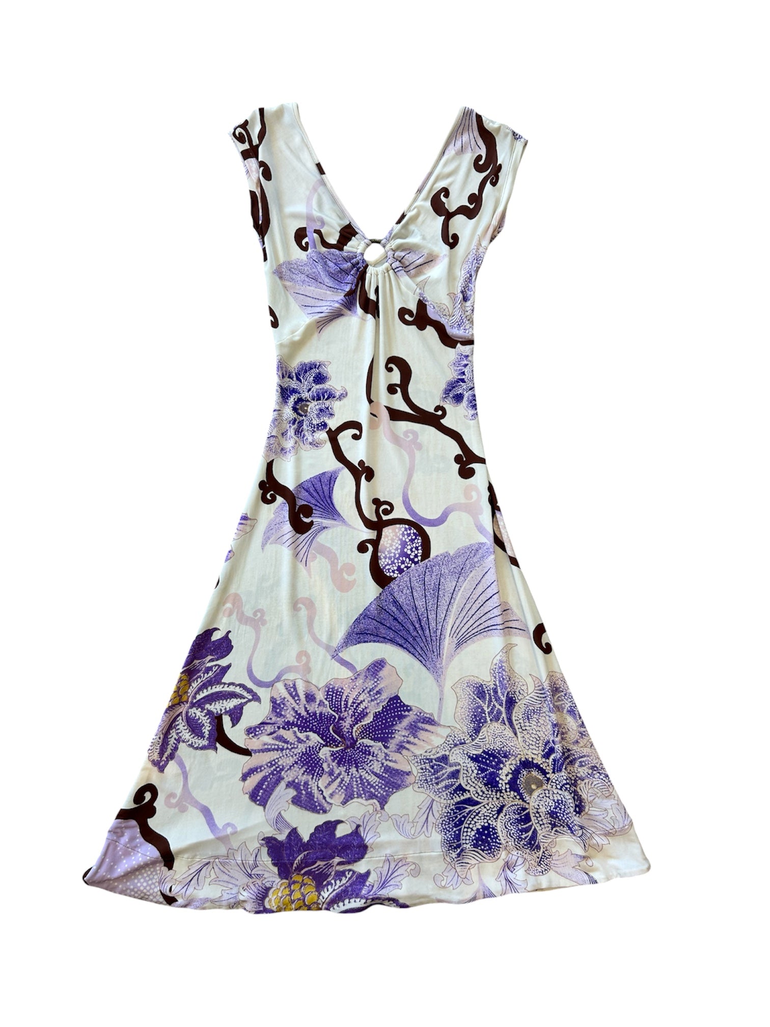 2004 WHITE AND PURPLE HIBISCUS PRINTED MIDI DRESS