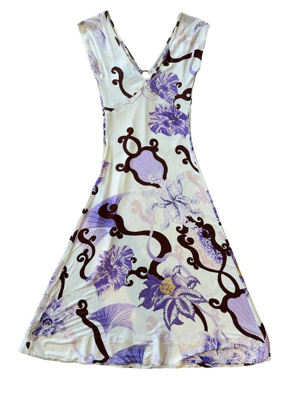 2004 WHITE AND PURPLE HIBISCUS PRINTED MIDI DRESS