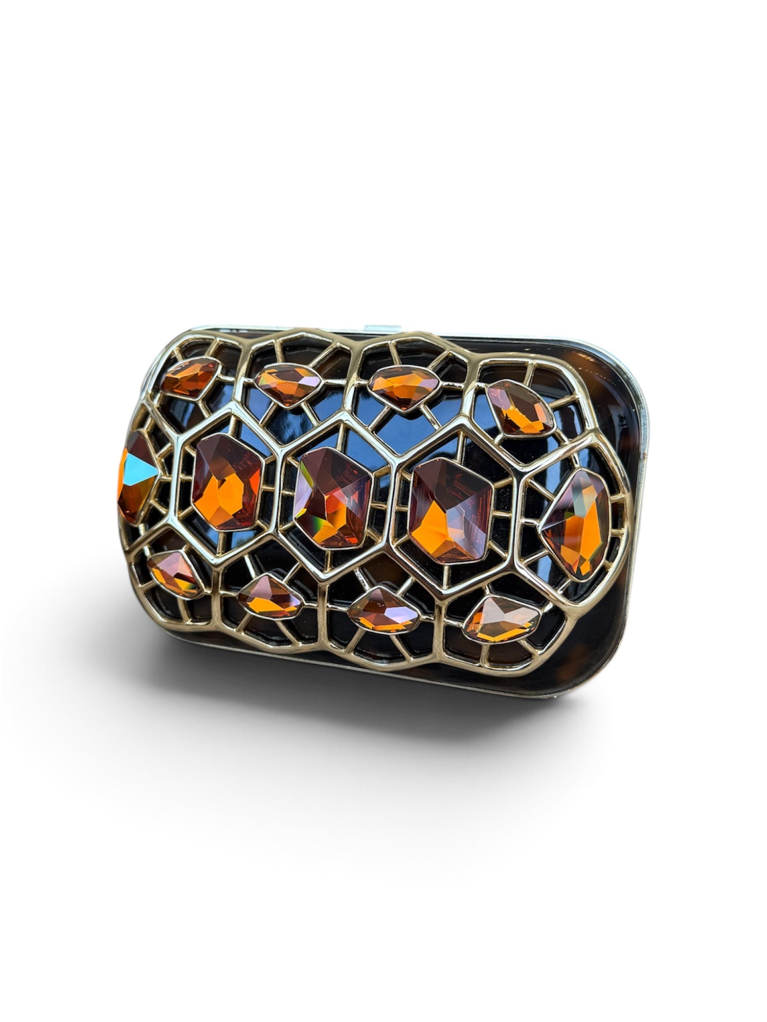 TORTOISE & GOLD STONED CLUTCH BAG @CLAUM