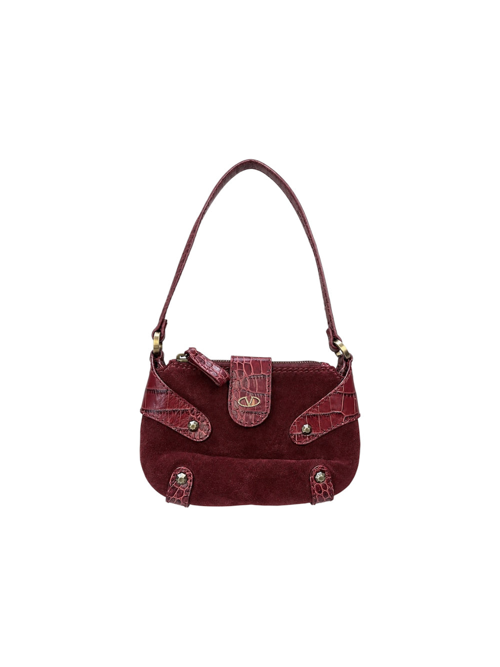 BURGUNDY SUEDE AND CROC EMBOSSED MINI SHOULDER BAG