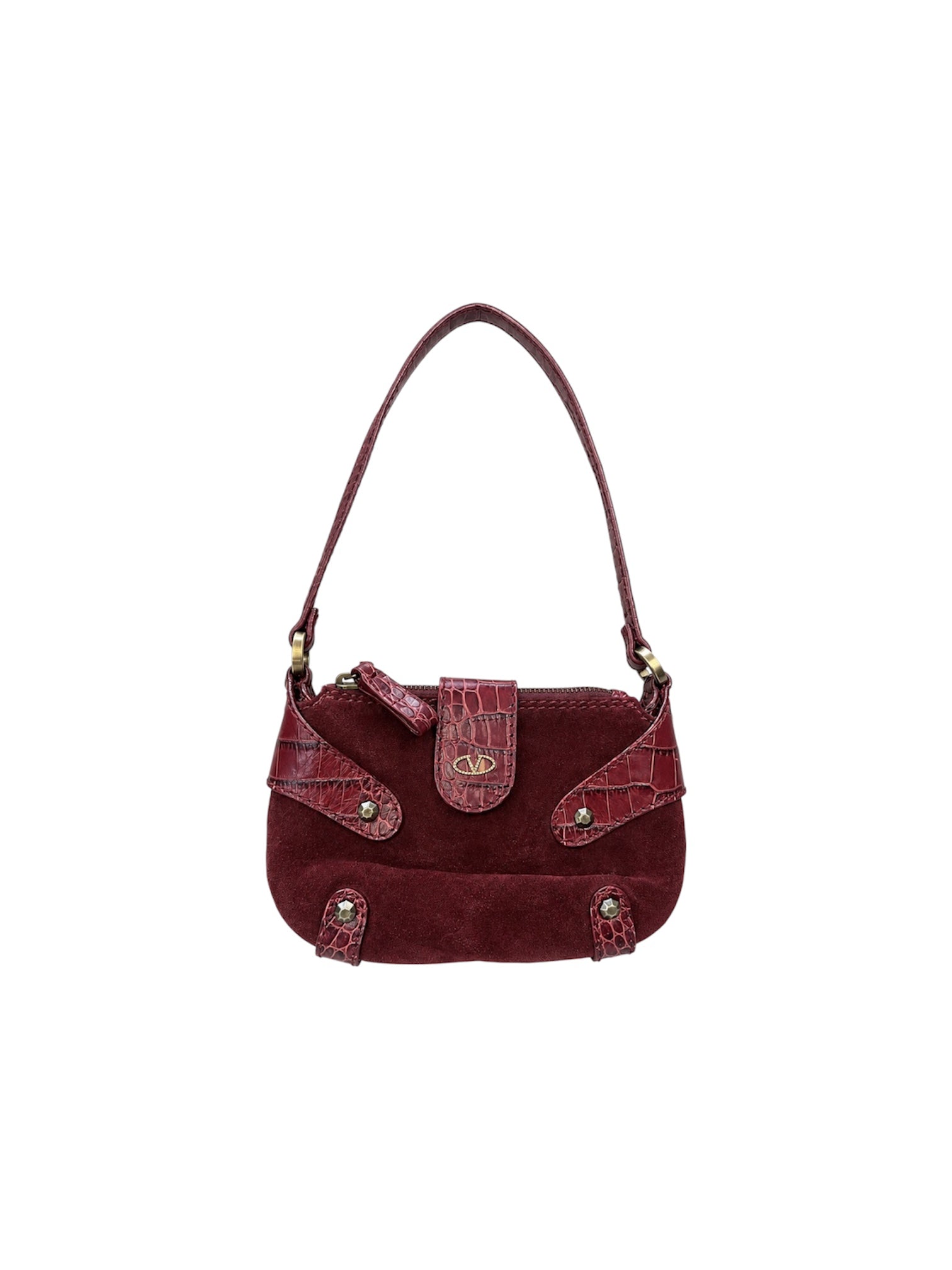 BURGUNDY SUEDE AND CROC EMBOSSED MINI SHOULDER BAG