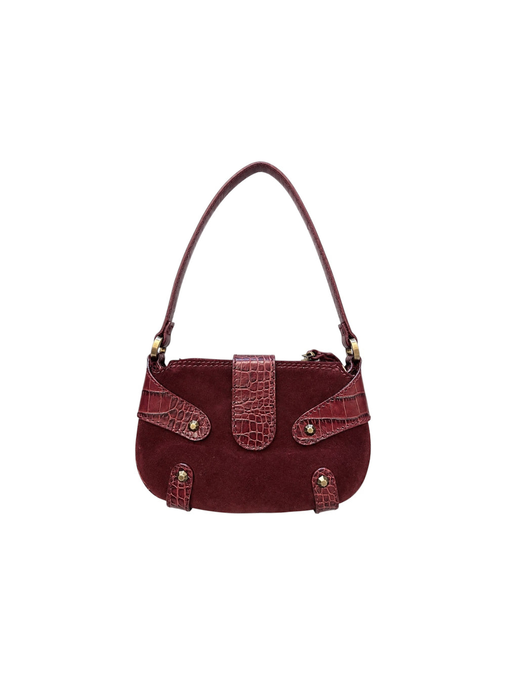 BURGUNDY SUEDE AND CROC EMBOSSED MINI SHOULDER BAG