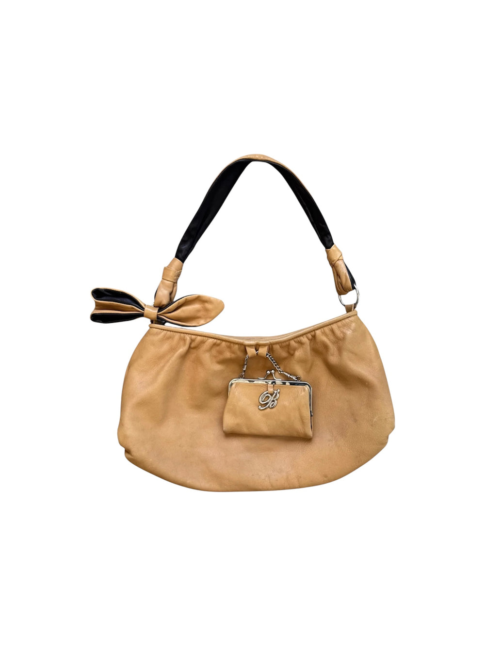 CAMEL LEATHER HOBO BAG W MINI KISS LOCK POUCH