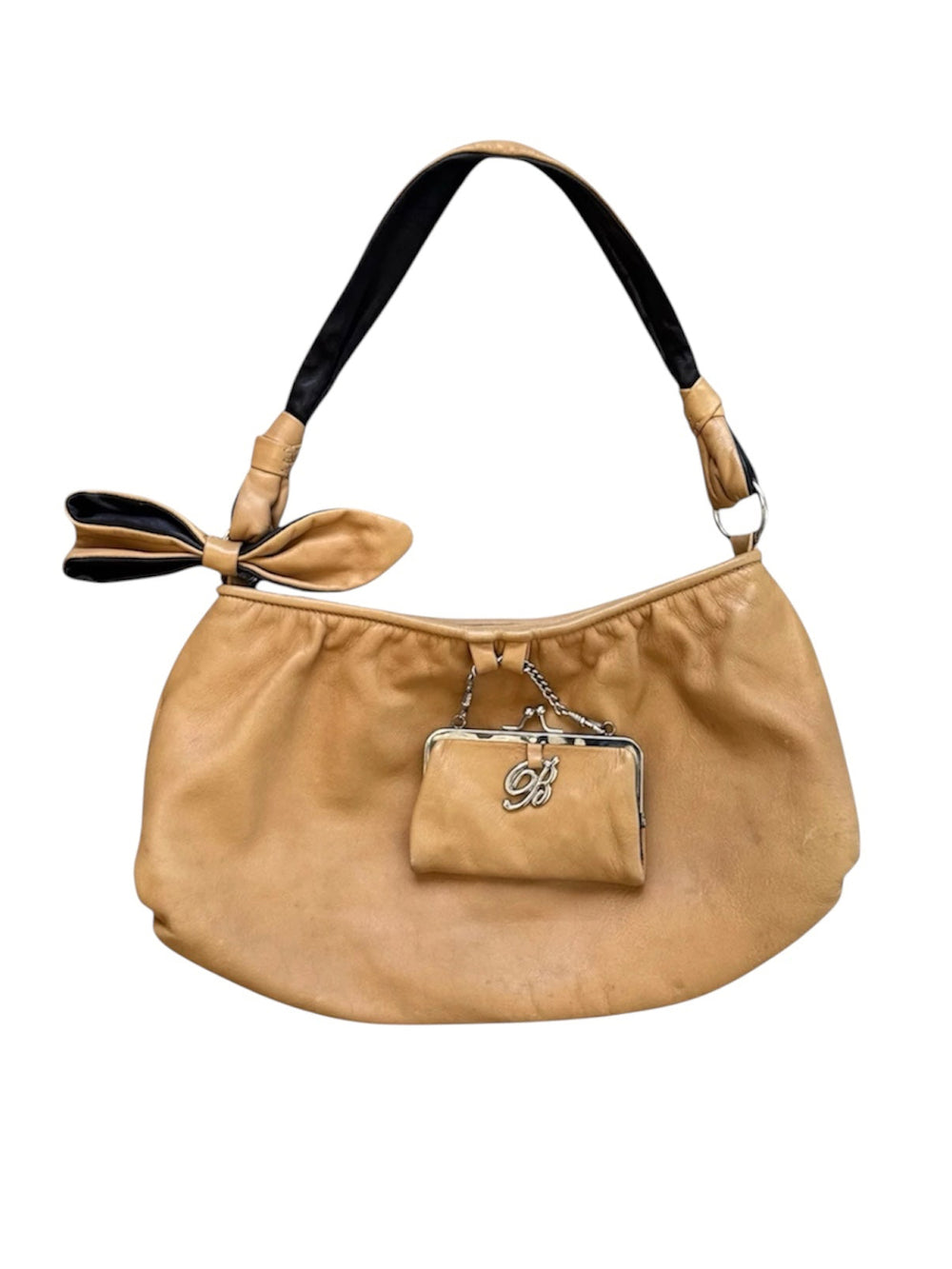 CAMEL LEATHER HOBO BAG W MINI KISS LOCK POUCH