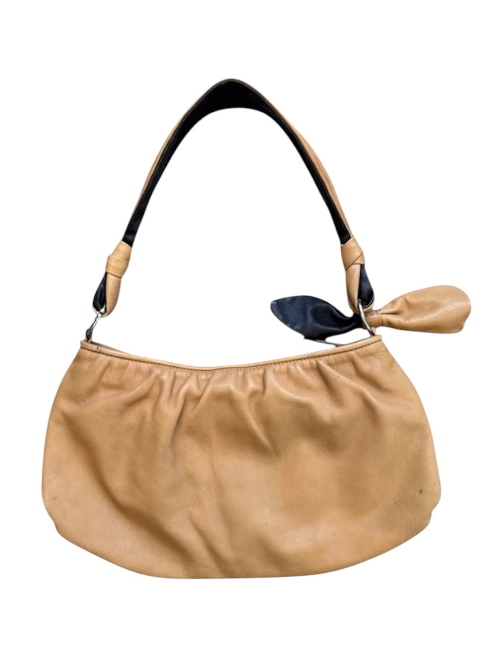 CAMEL LEATHER HOBO BAG W MINI KISS LOCK POUCH