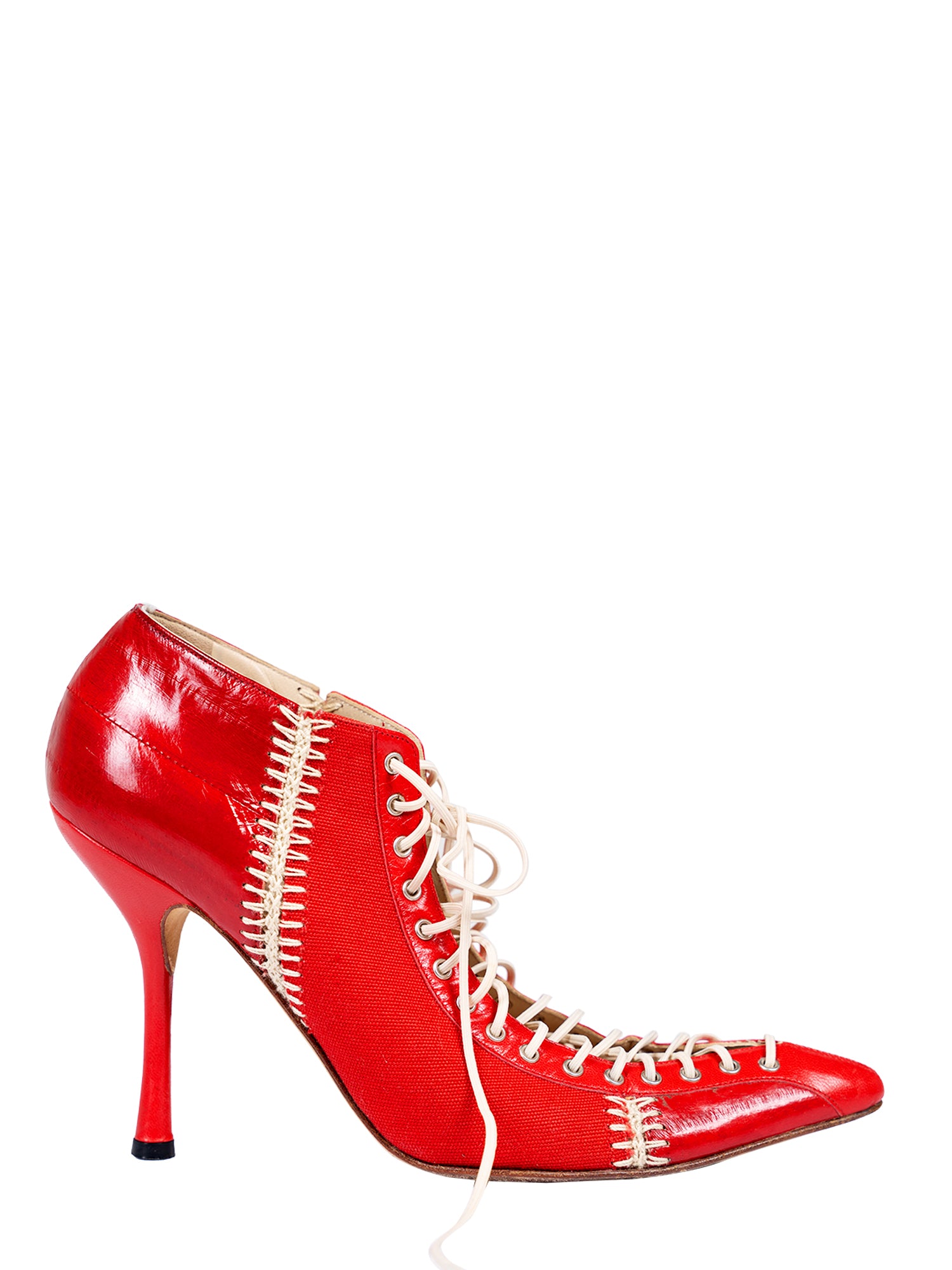 SS02 RED LACE UP PATCHWORK BOOTS W/ EEL SKIN