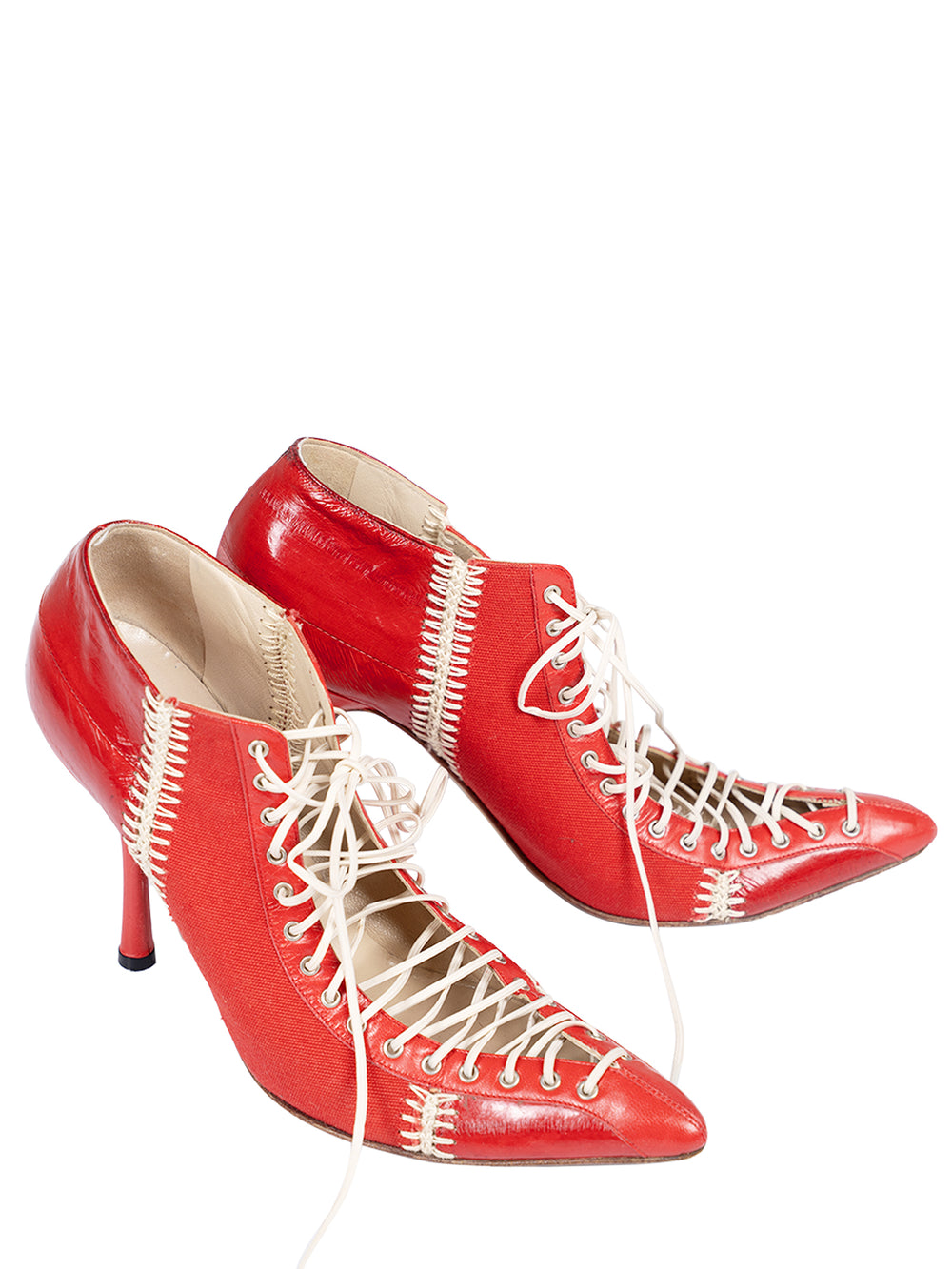 SS02 RED LACE UP PATCHWORK BOOTS W/ EEL SKIN