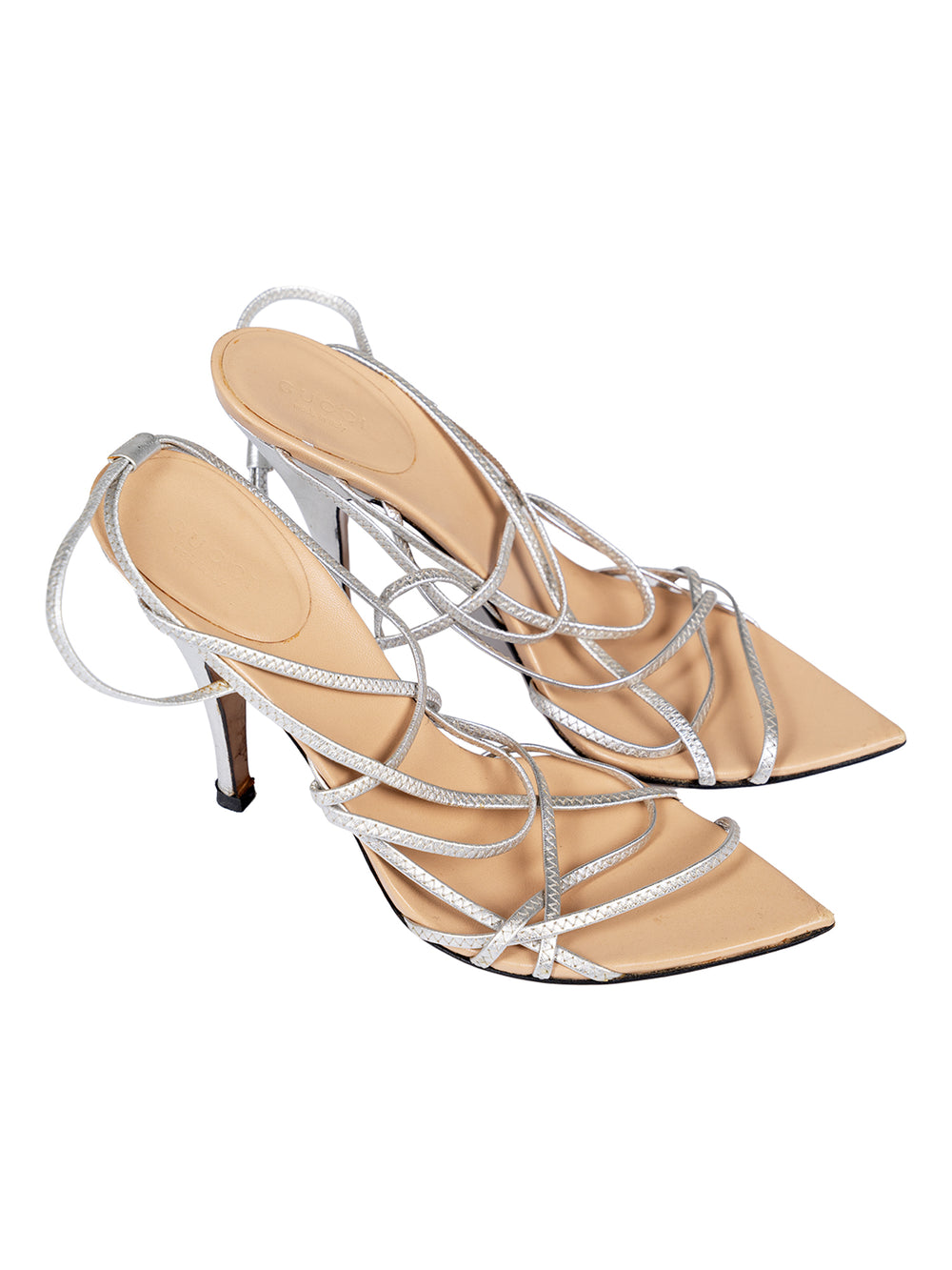 TOM FORD SS03 SILVER METALLIC STRAPPY ELASTIC HEELS