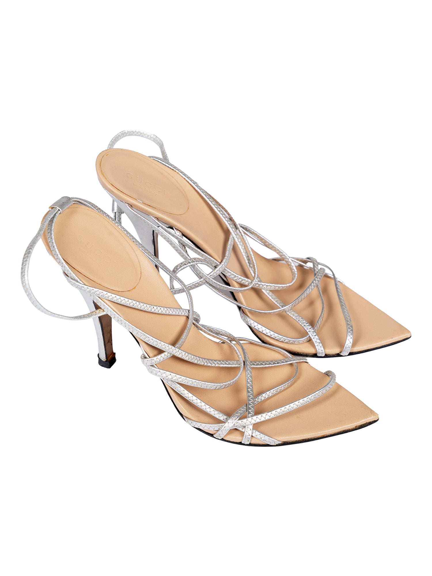 TOM FORD SS03J SILVER METALLIC STRAPPY ELASTIC HEELS