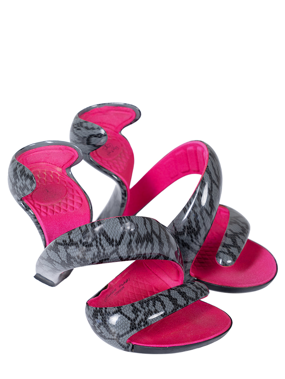 GREY SNAKESKIN PRINT MOJITO HEELS WITH PINK INTERIOR