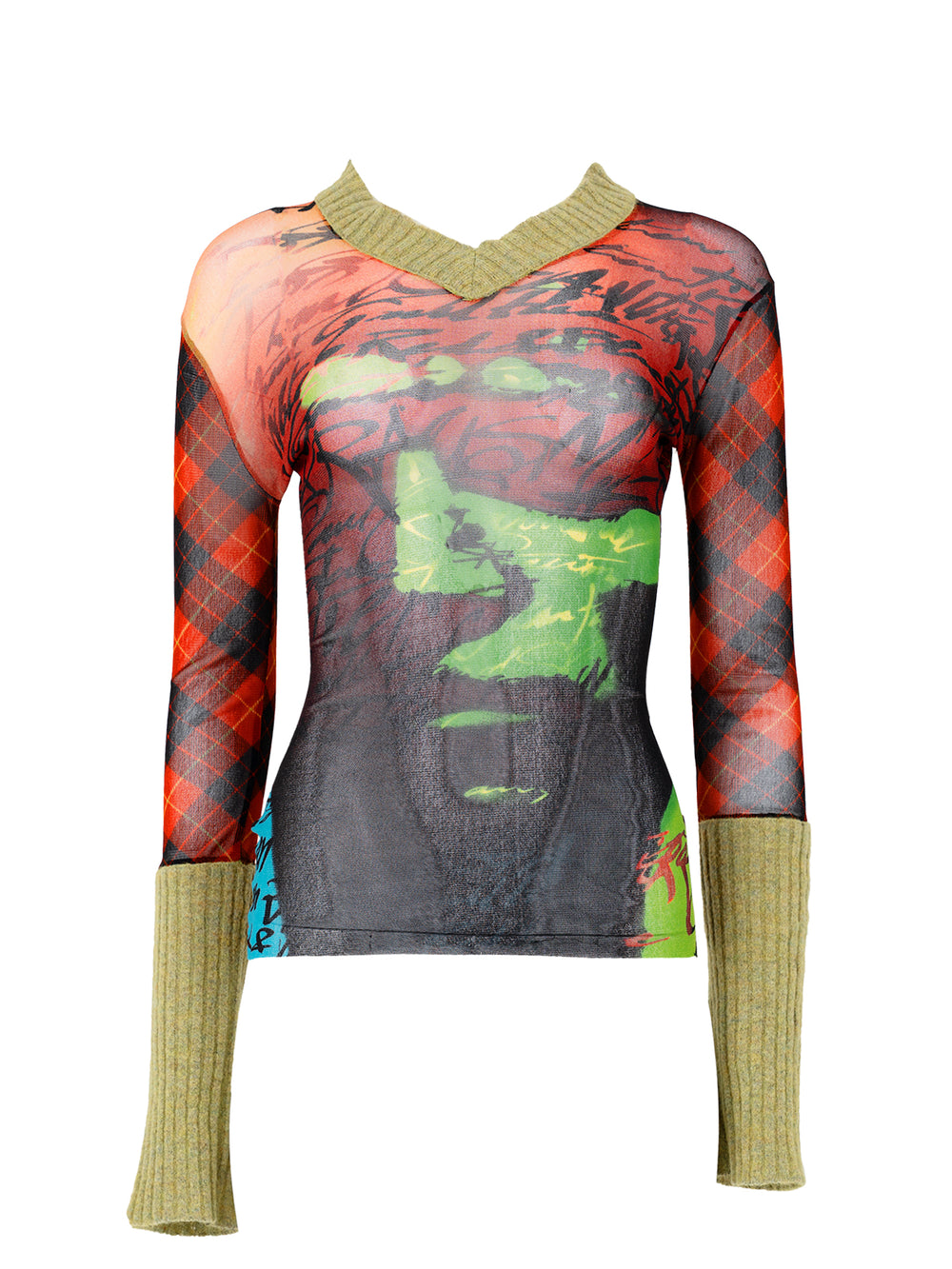 90S RED/GREEN WRITING PRINT MESH L/S WITH WOOL TRIM