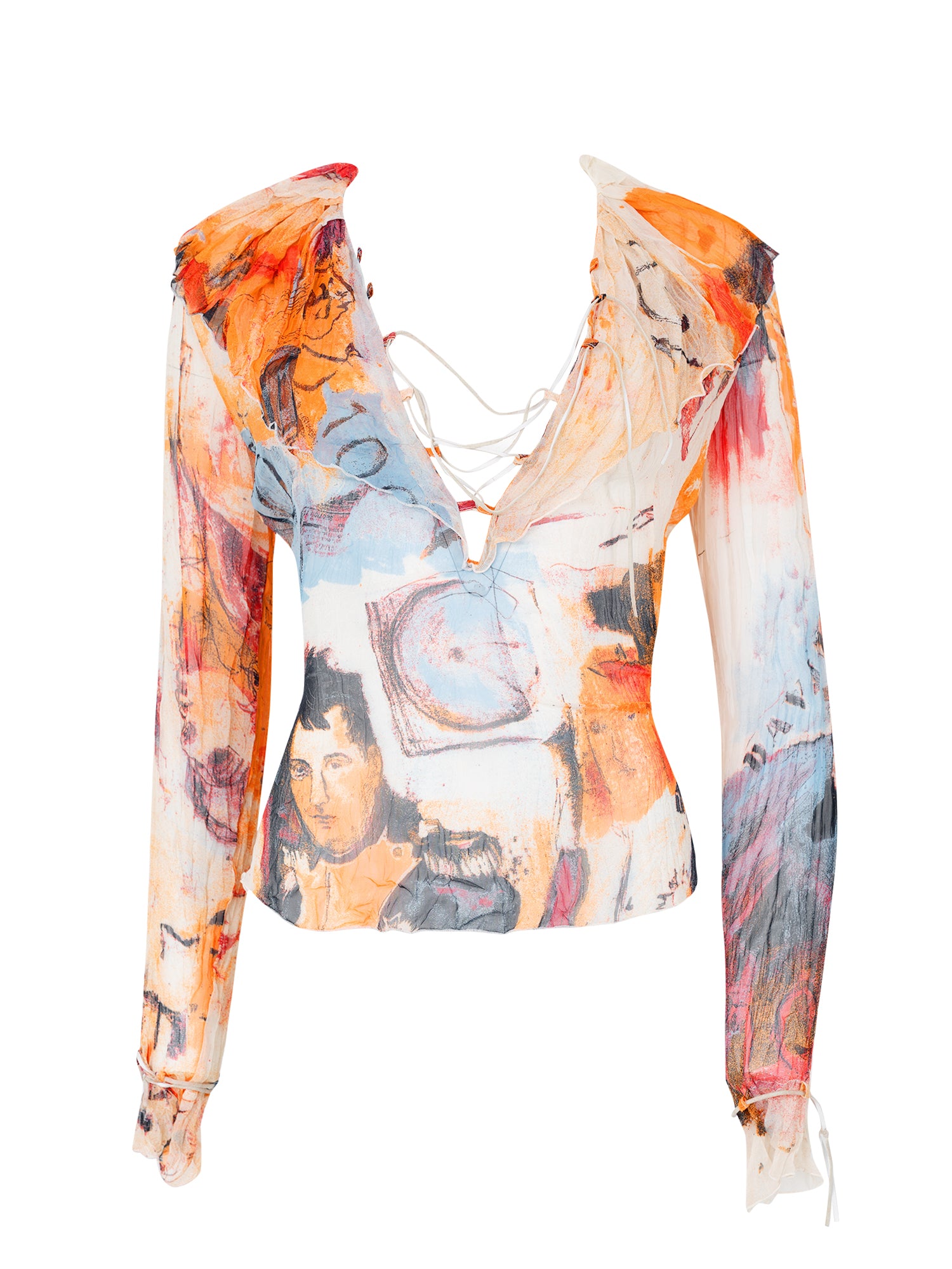 ORANGE "NAPOLEON" PRINT SHEER L/S LACE UP BLOUSE