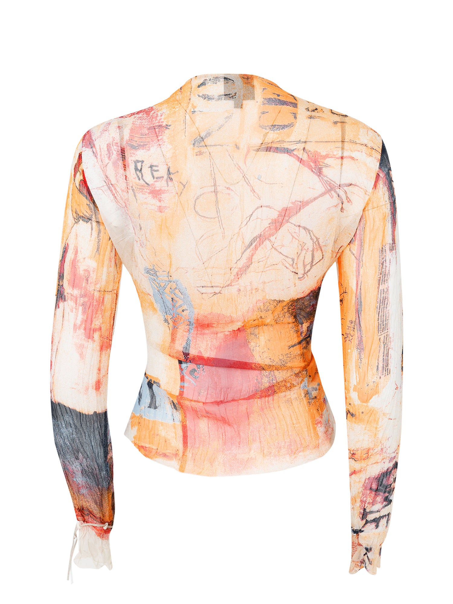 ORANGE "NAPOLEON" PRINT SHEER L/S LACE UP BLOUSE