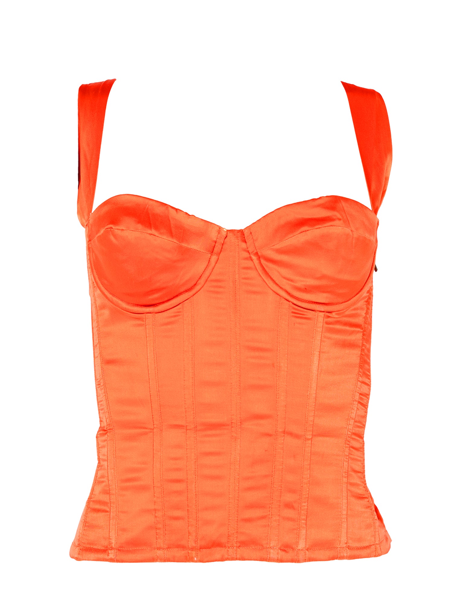 SS04 ORANGE SILK BLEND HALTER CORSET WITH FEATHER DETAILING