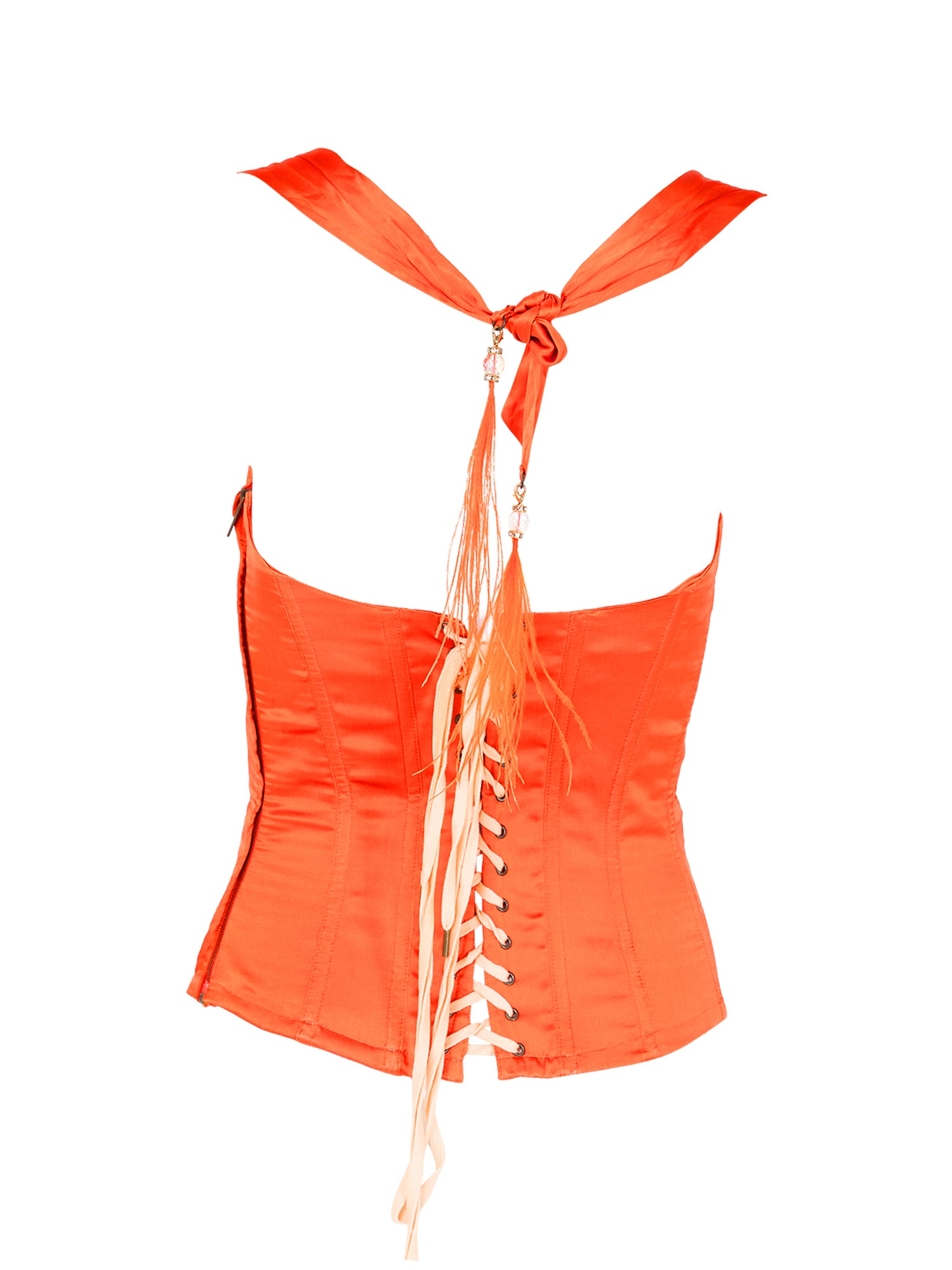 SS04 ORANGE SILK BLEND HALTER CORSET WITH FEATHER DETAILING
