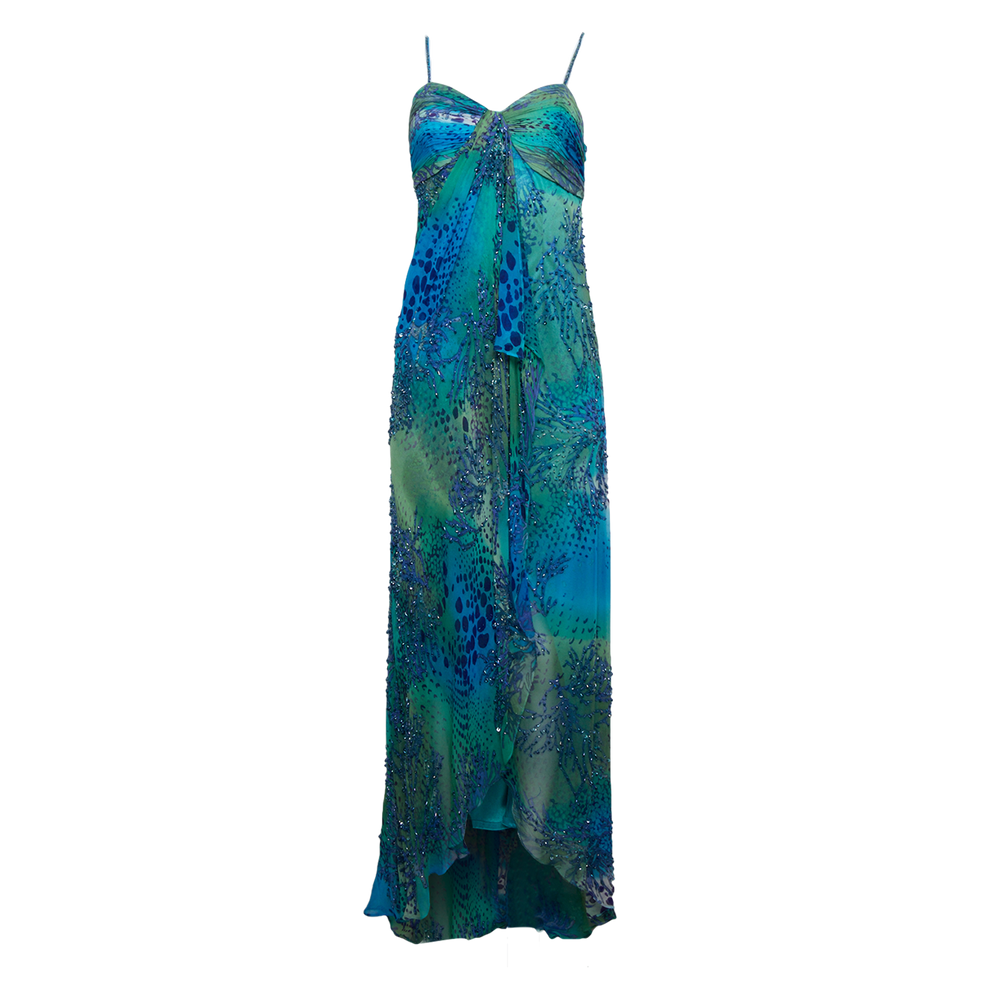 BEADED BLUE AND GREEN CORAL MOTIF DRESS