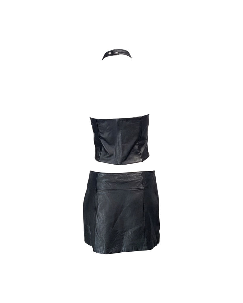 BLACK LEATHER 2PC HALTER & SKIRT SET