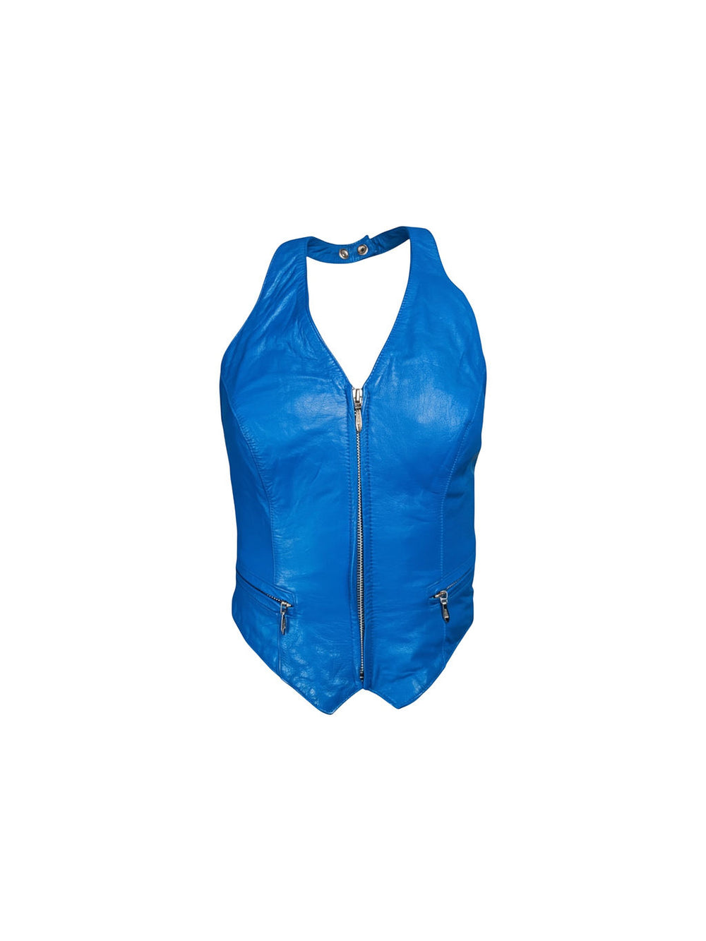CERULEAN BLUE LEATHER HALTER ZIP UP TOP