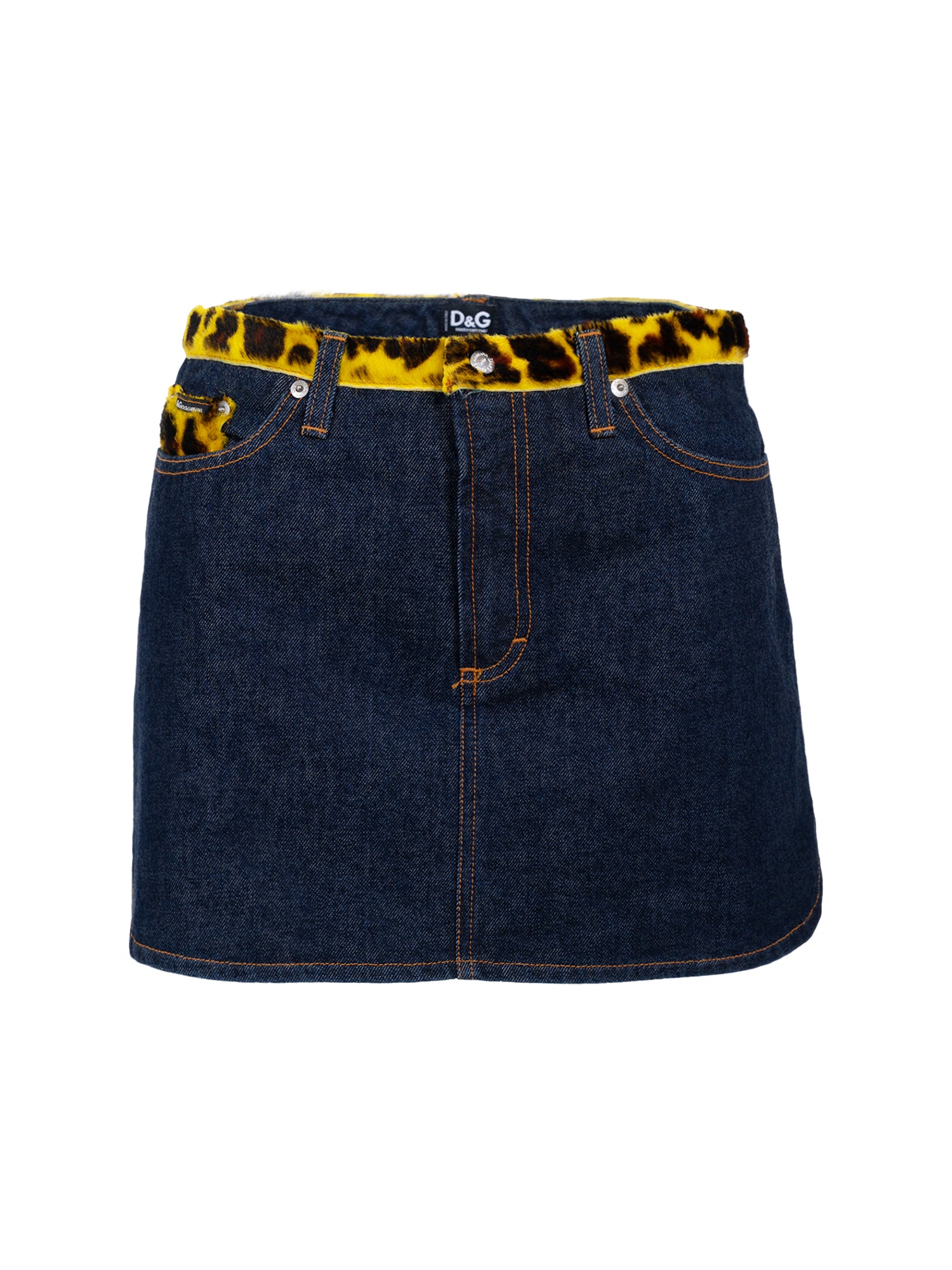 DARKWASH DENIM MINI SKIRT W YELLOW LEOPARD POCKETS
