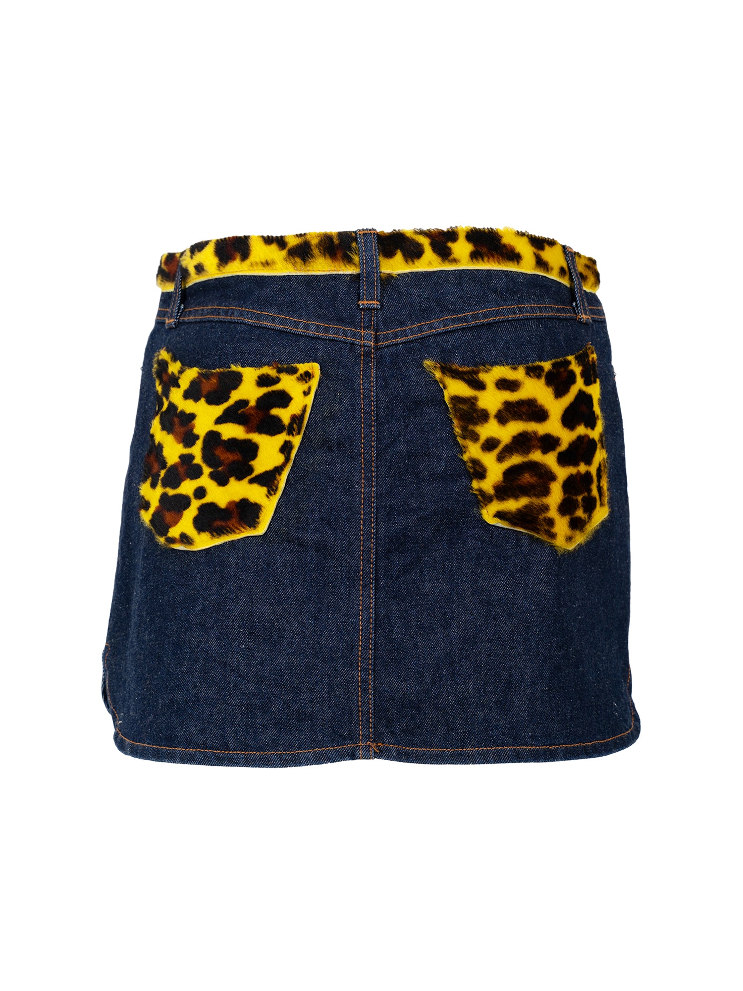 DARKWASH DENIM MINI SKIRT W YELLOW LEOPARD POCKETS