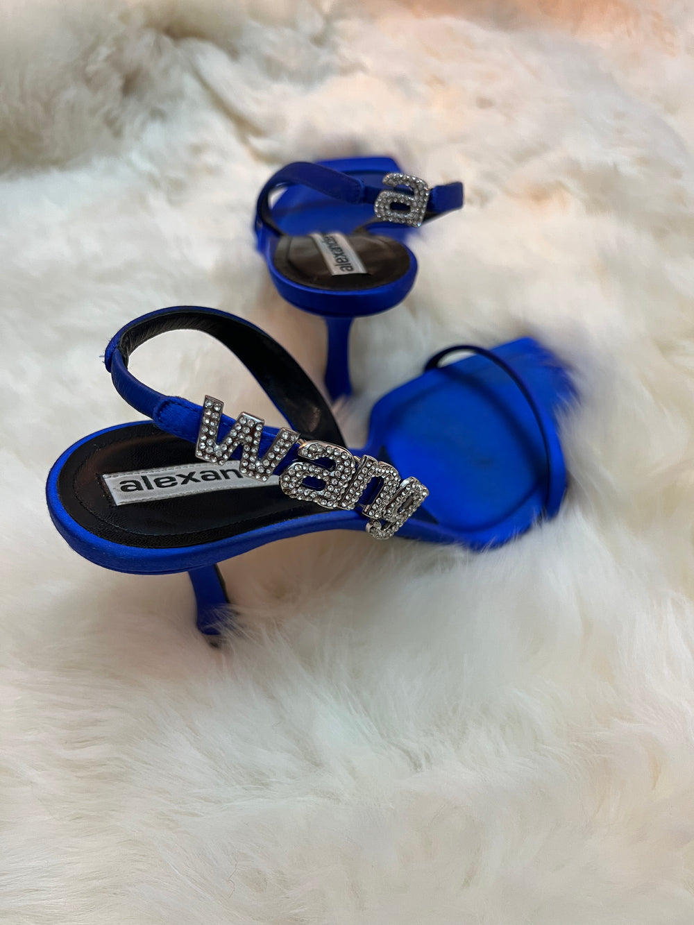 Blue Satin Bejeweled Logo Heels