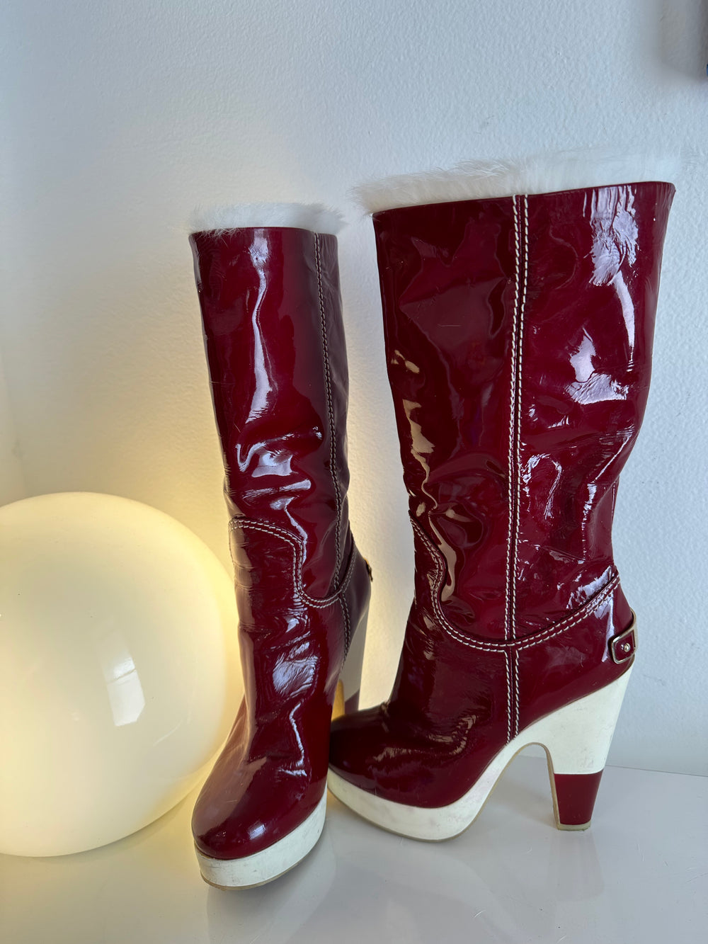 PATENT RED FUR BOOTS