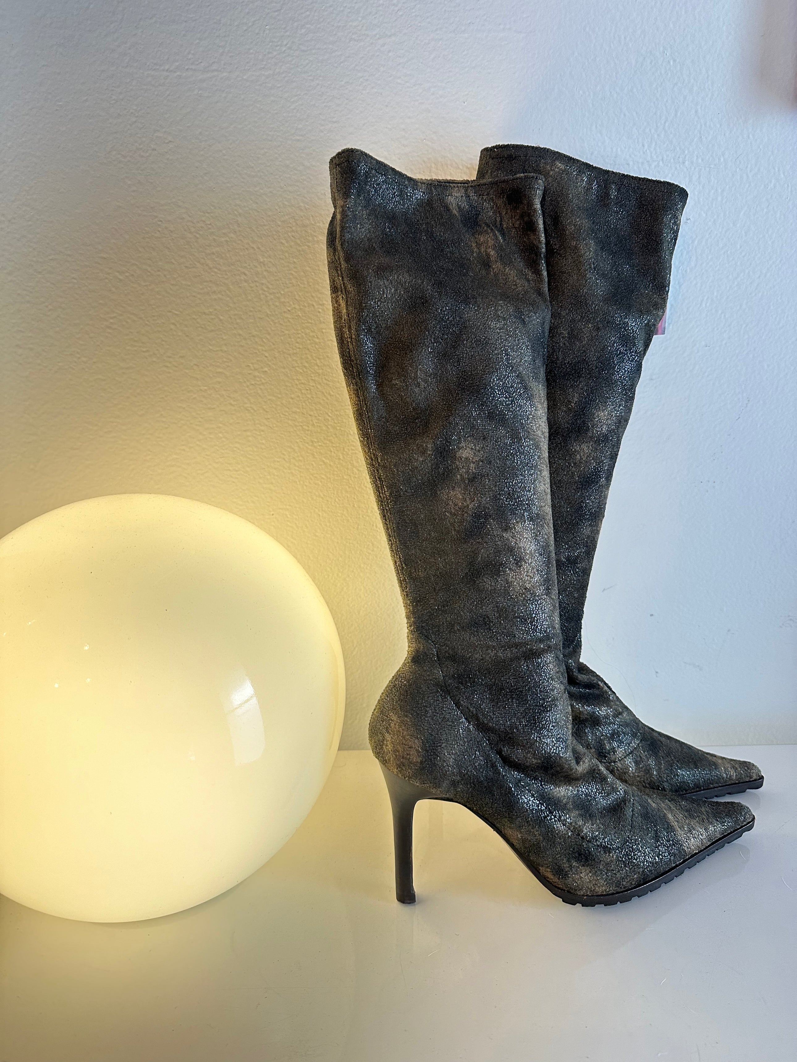 VELVET PRINTED KNEE HIGH BOOTS