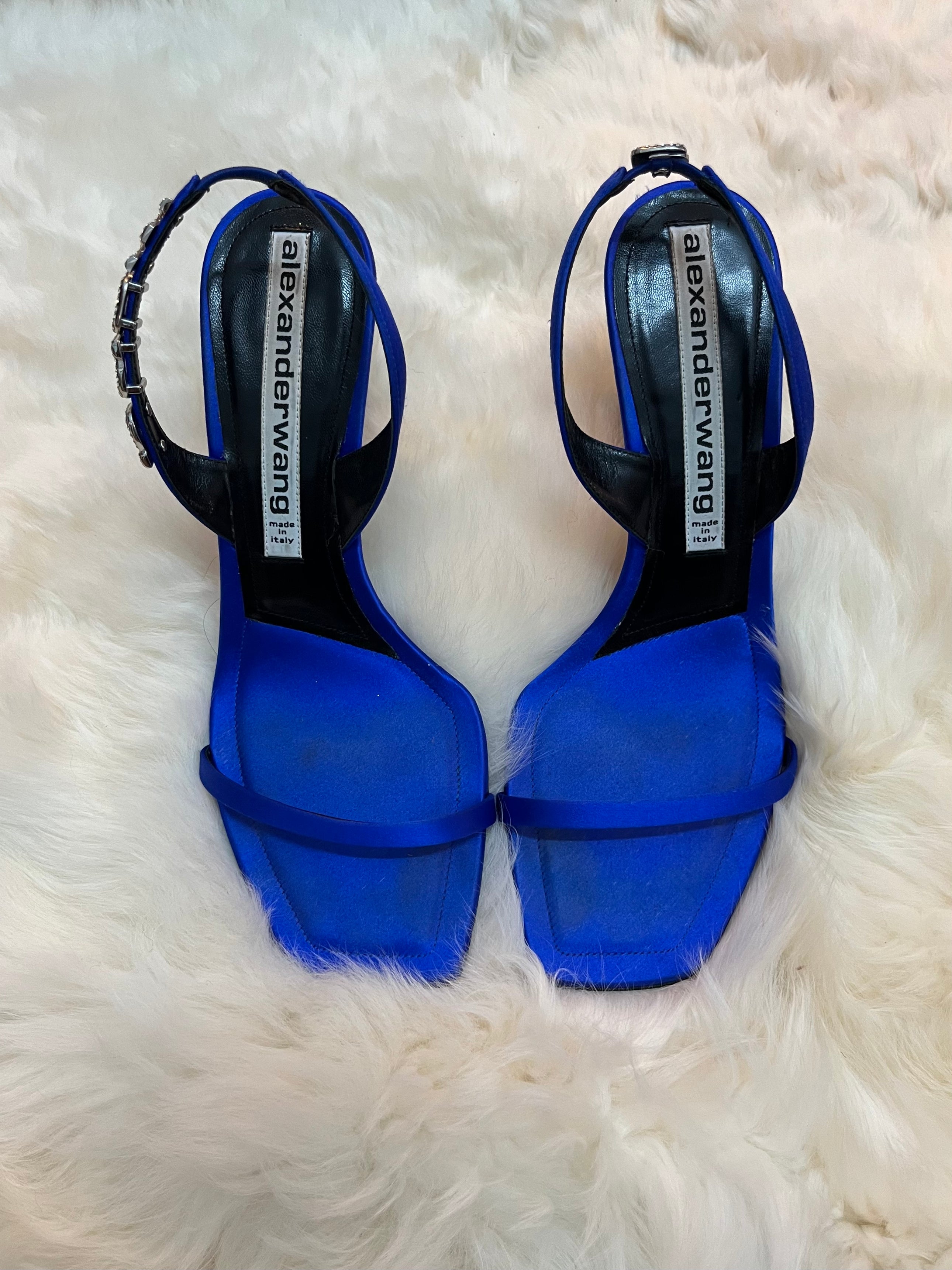 Blue Satin Bejeweled Logo Heels